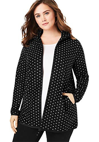Woman Within Women's Plus Size Zip-Front Microfleece Jacket Fleece - 1X, Black White Dot