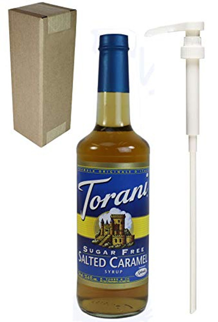 Torani Salted Caramel Sugar Free Coffee Syrup, 750 mL 25.4 Fl Oz Glass Bottle, Individually Boxed, With Gold Syrup Pump Torani Salted Caramel Sugar Free Coffee Syrup, 750 mL 25.4 Fl Oz Glass Bottle, Individually Boxed, With Gold Syrup Pump