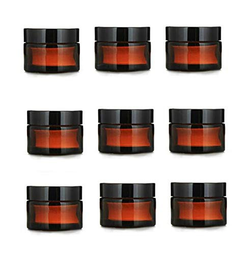 Healthcom 10 Pcs 10ml/10g Empty Amber Glass Jars Glass Cream Jar Bottle Vials with Black Lid Makeup Cosmetic Container Refillable Glass Jar Pot for Salve Lotion Eye Face Care Skin Cream Lip Balms
