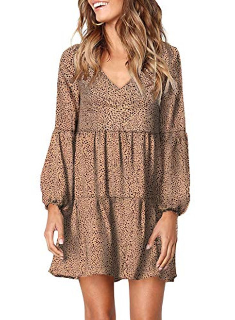 Eytino Women Tunic Dress Casual Summer Long Sleeve V Neck Loose Flowy Shift Dresses,Medium Brown