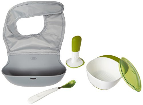 OXO Tot Mealtime On-The-Go Value Set with Roll-up Bib, Food Masher, and Feeding Spoon with Case