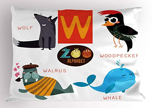 TYANG ABC Kids Pillow Sham, Funny Cartoon Animals for W Font Education Wolf Walrus Whale Books Baby Learning, Decorative Standard Queen Size Printed Pillowcase, 30 X 20 inches, Multicolor