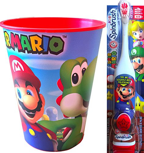 Super Mario Childrens Oral Hygiene Set Includes Super Mario Rinsing Cup with Super Mario Powered Toothbrush