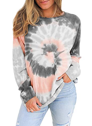FARYSAYS Women's Casual Color Block Tie Dye Crewneck Long Sleeve Loose Pullover Sweatshirt Tops Grey Large