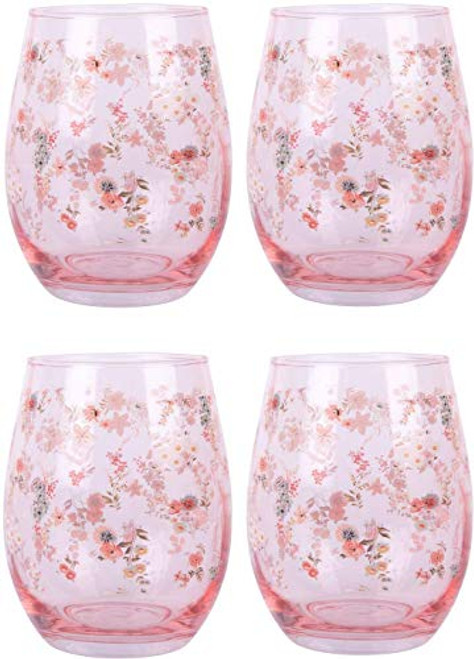 Home Essentials Set of 4 Flower Stemless Wine Glass 20 Ounce, Pink