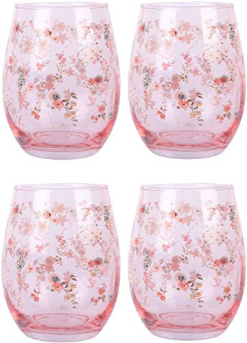Home Essentials Set of 4 Flower Stemless Wine Glass 20 Ounce, Pink