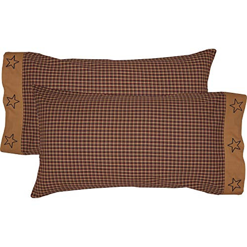 VHC Brands Patriotic Patch Star Cotton Primitive Bedding Embroidered King Pillow Case Set of 2, Deep Red