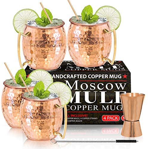 Moscow Mule Copper Mugs - Set of 4 - 100 percent HANDCRAFTED - Food Safe Pure Solid Copper Mugs - 16 oz Gift Set with BONUS Highest Quality Cocktail Copper Straws and Jigger Moscow Mule Copper Mugs - Set of 4 - 100 percent HANDCRAFTED - Food Safe Pure Solid Copper Mugs - 16 oz Gift Set with BONUS Highest Quality Cocktail Copper Straws and Jigger