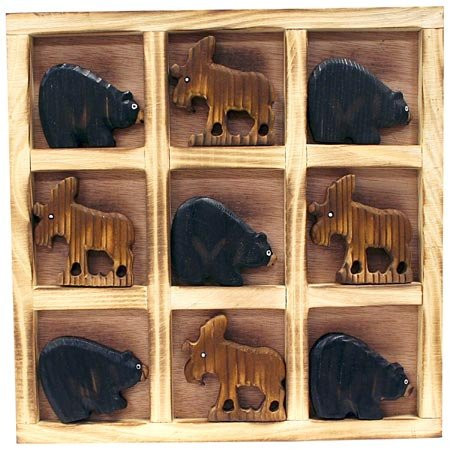 Country Axentz Wood Crafted Collectible Tic Tac Toe Travel Board Tray Set, Bear Moose, 8inch