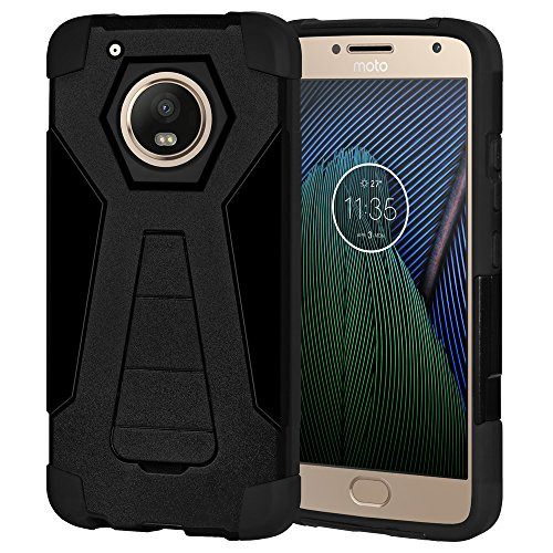 AMZER Slim Dual Layer Hybrid Kickstand Soft Skin Hard Shell Protective Case for Motorola Moto G5 Plus - Black