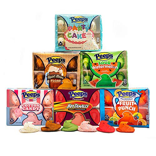 Marshmallow Peeps in Novelty Flavor Bundle - 6 Packs of 10 - Peeps Chicks in Fruit Punch, Party Cake, Sour Watermelon, Cotton Candy, Hot Tamale, and Root Beer Float Flavors
