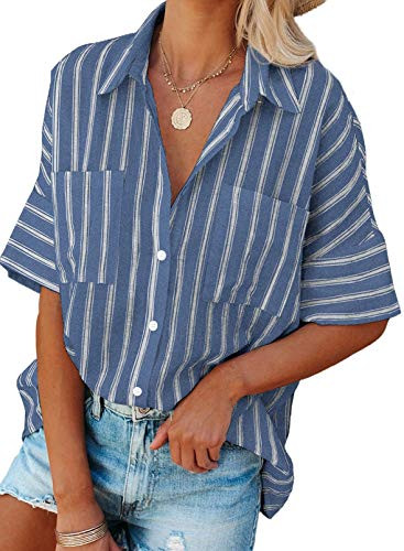 ROSKIKI Women's Office Blouse Casual V Neck Striped Cuffed Sleeve Button-Down Collar Blouses Shirt Tops Cute Shirts for Teen Girls Blue XX-Large