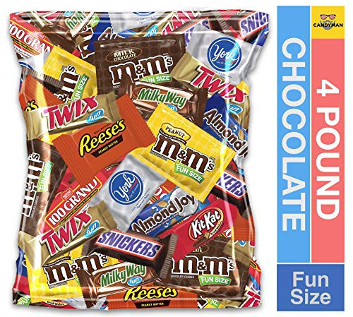 4 Pound Variety Assortment Chocolate Mix Bulk Pack M and M's Peanut, M and M's Plain, Reese's Peanut Butter Cups, Snickers, Kit Kat, Twix, Milky Way, Almond Joy, 100 Grand, York Peppermint Patties