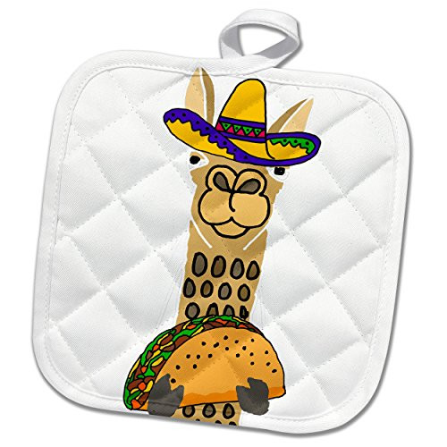 3dRose phl_263812_1 1 Pot Holder Funny Cute Llama Wearing Sombrero and Eating Taco Cartoon, 8 by 8"
