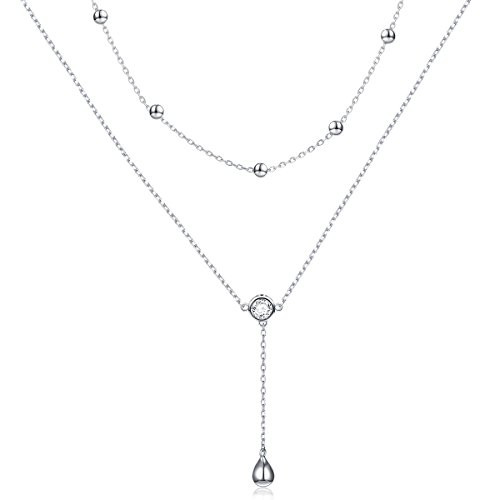 Teardrop Double Layered Necklace Sterling Silver Long Chain Y Lariat Necklace for Women Lady