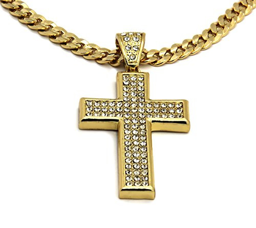 Mens Gold Tone Medium Flat Cross Pendant with 30inch  Inch 8mm Cuban Chain Necklace