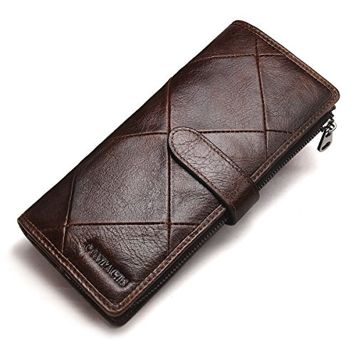 Contacts Mens Genuine Leather Bifold Trifold Zipper Coin Purse Phone Wallet Dark Coffee
