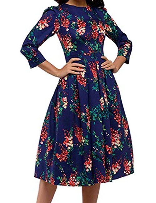 Simple Flavor Women's Floral Vintage Dress Elegant Autumn Midi Evening Dress 3/4 Sleeves Navy Blue,L