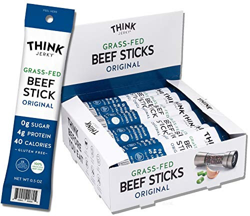 Original Grass-Fed Beef Sticks by Think Jerky  Sugar Free, Gluten Free, Non-GMO, No Nitrates Jerky Snack  Keto, Paleo, Whole30 Compliant  High Protein, Low in Carbs  0.5 oz 20 Pack