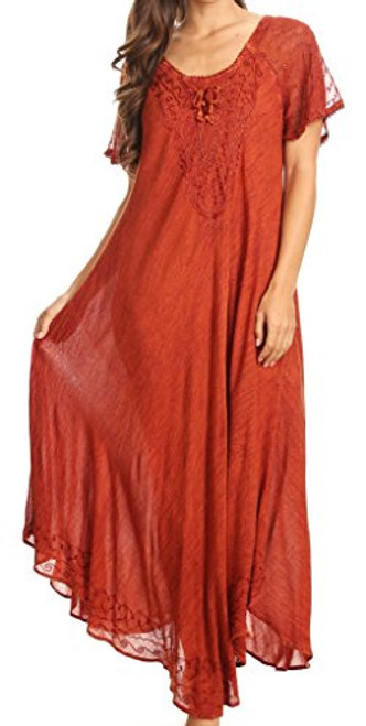 Sakkas 16603 - Egan Long Embroidered Caftan Dress/Cover Up with Embroidered Cap Sleeves - Red - OS
