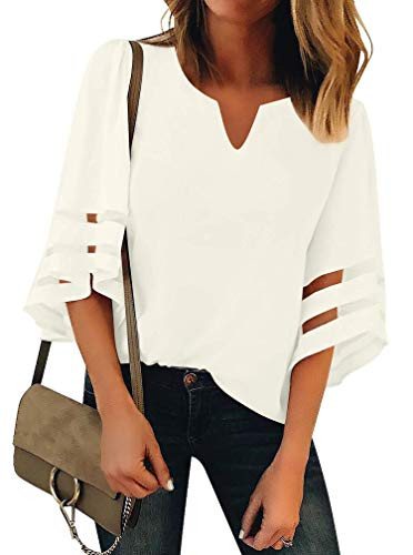 Women's V Neck Mesh Panel Blouse 3/4 Bell Sleeve Loose Top Shirt Chiffon Blouse Tops Large, White
