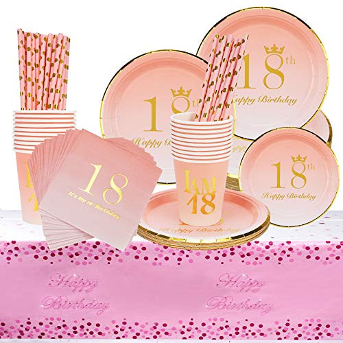 18th Birthday Decorations Party Supplies Set - Disposable Tableware Includes Plates, Cups, Napkins, Straws, Tablecloth for Girls 18 Birthday Party - Serves 24