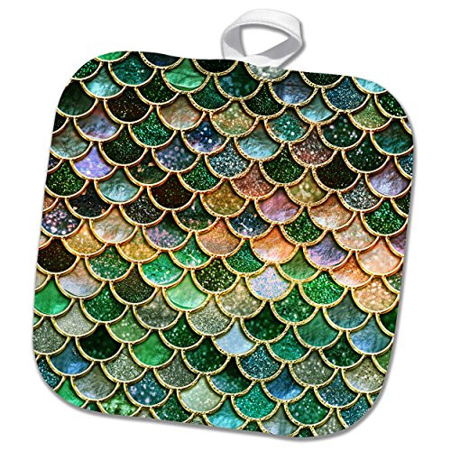 3dRose phl_272867_1 1 Pot Holder Multicolor Girly Pink Luxury Elegant Mermaid Scales Glitter, 8 by 8"