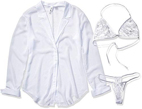 Dreamgirl womens Chiffon Shirt Style Robe With Halter Top Bra and Thong lingerie sets, White, Large US