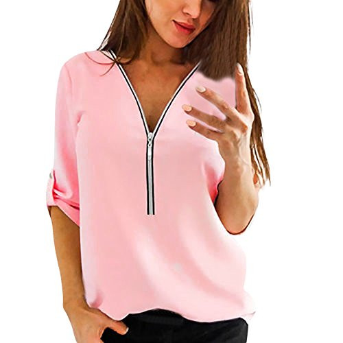 Zipper Casual Tops Shirt for Womens V Neck Loose Ladies T-Shirt Blouse