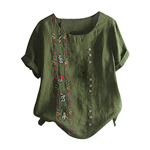 Meikosks Women's Floral Embroidered Top Short Sleeves Plus Size T Shirt Cotton Linen Blouse Army Green