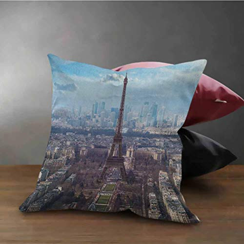 Eiffel Tower Square Cushion Pillow Cover Case Aerial View of Eiffel Tower Clear Day Boulevard Busy Town Park Skyscrape Pillowcase Protecter with Zipper Pale Blue Brown 22inch x22inch