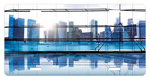 Office License Plate, Urban Cityscape View with Skyscrapers Buildings Image Photograph, High Gloss Aluminum Novelty Plate, 5.88inch  X 11.88inch , Black White and Pale Blue