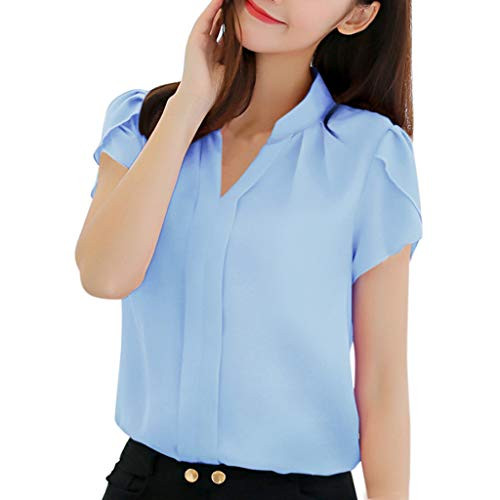 Women Summer Work Office V Neck Short Sleeve Solid Chiffon Blouse Plus Shirt Top