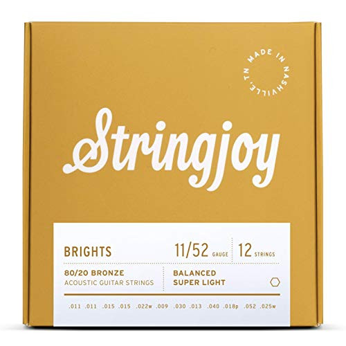 Stringjoy BB1125 Bright Brass 12 String Acoustic Guitar Strings, 12 String Super Light Gauge - 11-52