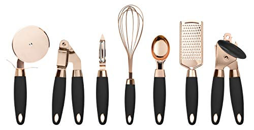 COOK With COLOR 7 Pc Kitchen Gadget Set Copper Coated Stainless Steel Utensils with Soft Touch Black Handles 