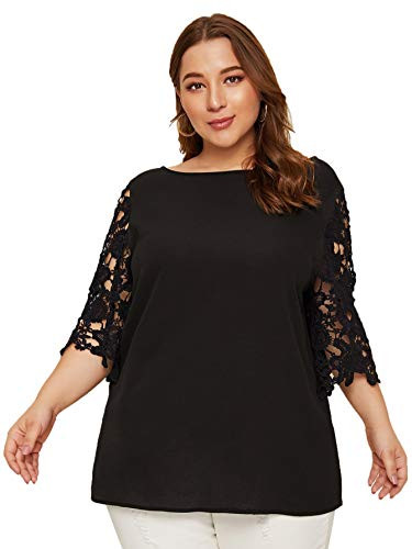 Romwe Women's Plus Size Casual Guipure Lace Half Sleeve Boat Neck Solid Blouse Tee Top Black 3XL