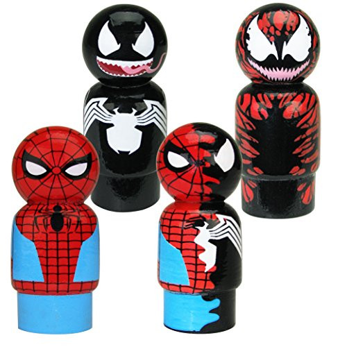 Bif Bang Pow! Spider-Man, Venom, Dual Spider-Man & Carnage Pin Mate Wooden Figure Set of 4 Collectible, 2"