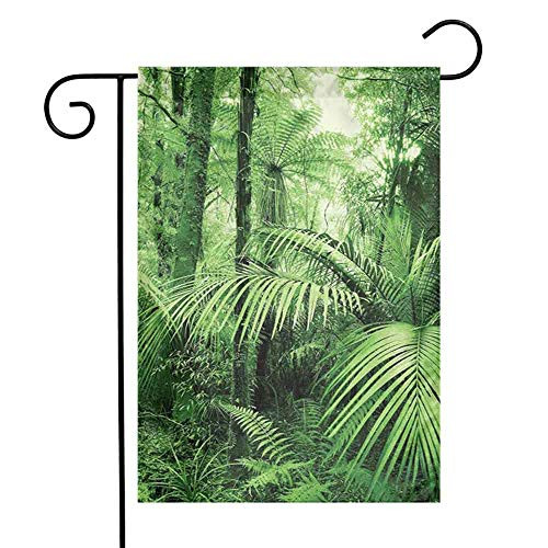 Zmstroy Yard Flag Rainforest Palm Trees and Exotic Plants in Tropical Jungle Wild Nature Zen Theme Illustration Decorative House Flag,12.5 x 18 Inch,Green