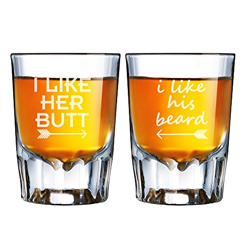 I like Her Butt and I Like His Beard Engraved Barcraft Fluted Shot Glass Set