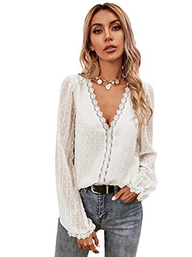 DIDK Women's Long Puff Sleeve Deep V Neck Tops Swiss Dots Lace Blouse Shirt White S