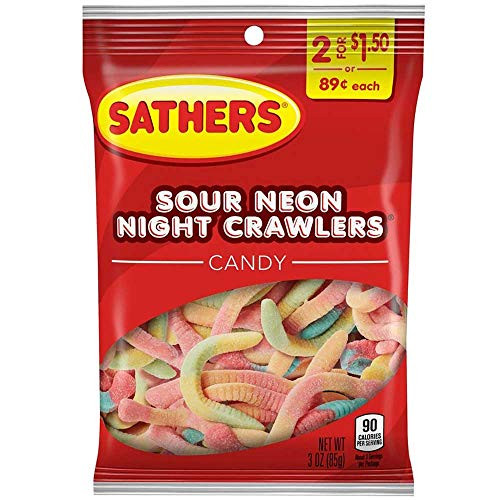 Sathers Sour Neon Night Crawlers Candy, 3 Ounce -- 12 per case.