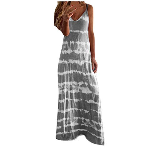 2020 Womens Dresses Casual Summer Maxi Sundress Sleeveless V-Neck Gradient Tie-dye Loose Long Dress Tank Tunic Dress Gray