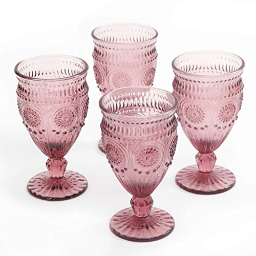 The Pioneer Woman Adeline Embossed 12-Ounce Footed Glass Goblets, Set of 4 Plum by The Pioneer Woman