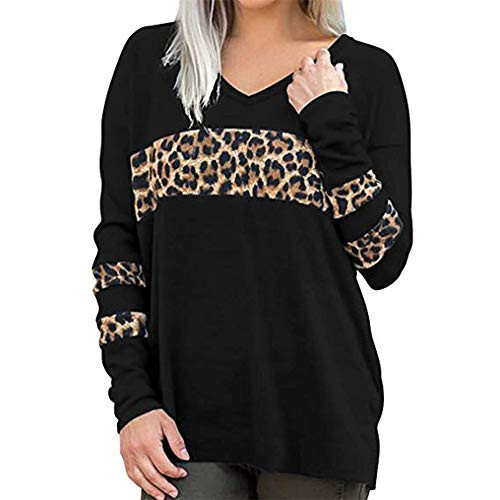 Aniywn Women Casual Leopard Print Long Sleeve Pullover V-Neck Patchwork Top Blouse Black