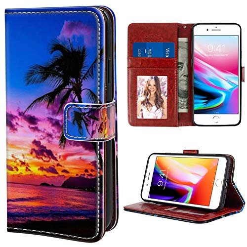 YaoLang iPhone 7/8 Plus Wallet Case, Sunset Palm Tree PU Leather Standable Wallet Phone Case with Card Holder Magnetic Hold for iPhone 7/8 Plus