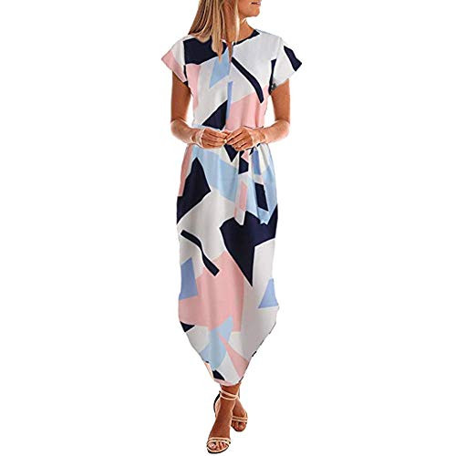 UOFOCO Summer Dress for Women Maxi Dress Casual Short Sleeve V Neck Printed with Belt Blue UOFOCO Summer Dress for Women Maxi Dress Casual Short Sleeve V Neck Printed with Belt Blue