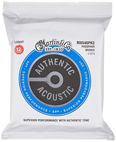 Martin Guitar MA540 Authentic Acoustic Light Guitar Strings, 92/8 Phosphor Bronze, Pack of 3