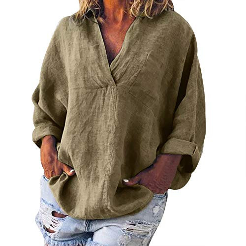 Aniywn Women V-Neck Linen Blouse T-Shirt Plus Size Loose Solid Casual Simple Pullover Top Yellow