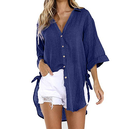 Fudule Womens Button Down V Neck Shirts Long Sleeve Blouse Roll Up Cuffed Sleeve Casual Work Plain Tops with Pockets Navy