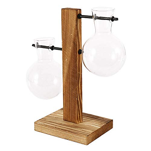 Plant Terrarium Hydroponic Plant Bulb Vase Desktop Glass Planter Bulb Vase with Retro Solid Wooden Stand and Metal Swivel Holder for Home Garden Office Wedding Decor Style C